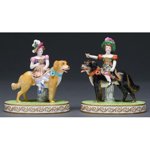 469 - A pair of Minton figures of Peace and War, c1825-1835, as a boy or girl on the back of a dog, enamel... 