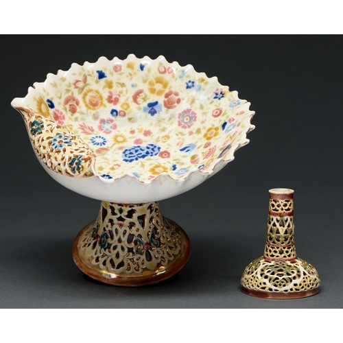 472a - A Zsolnay shell shaped fruit stand on pieced foot and a Zsolnay miniature double walled pierced vase... 