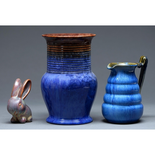 484 - A Bourne Denby Orient ware model of a rabbit and an Electric Blue glazed jug, c1925, jug 19cm h, pri... 