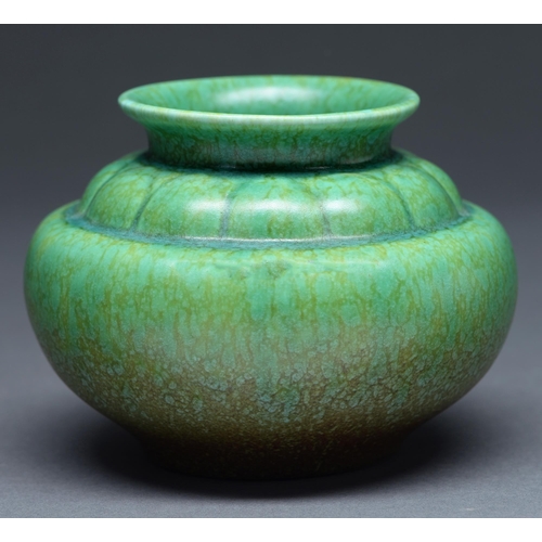 486 - A Pilkingtons Royal Lancastrian vase, c1930, in mottled green and brown eggshell glazes, 10.5cm h, i... 