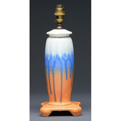 493 - A Ruskin 'Art Craft' matt and crystalline glazed lamp, c1930, of three piece construction, 26.5cm h,... 