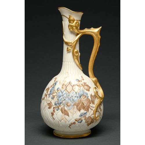 503 - A Royal Worcester scale moulded ewer, 1888,  with gilt chilong handle and decorated in pale blu... 