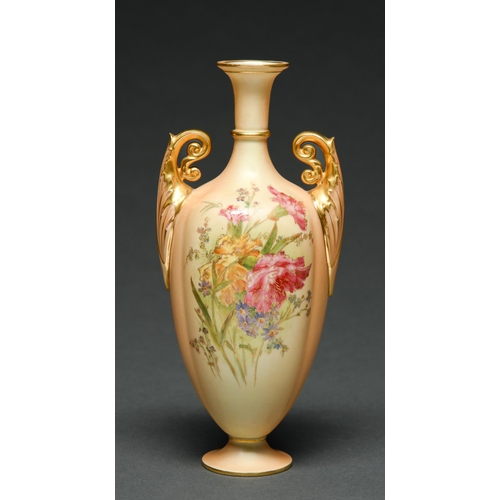 504 - A Royal Worcester vase, 1910,  decorated with flowers heightened in gilt on a shaded apricot gr... 