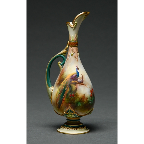 505 - A Royal Worcester Hadley ware ewer, 1905,  printed and painted with peafowl between coloured cl... 