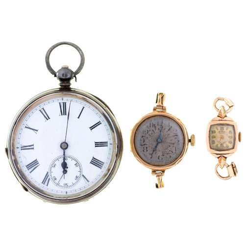 56 - A Swiss silver lever watch, late 19th c, 50mm diam and two 9ct gold lady's wristwatches, one on expa... 