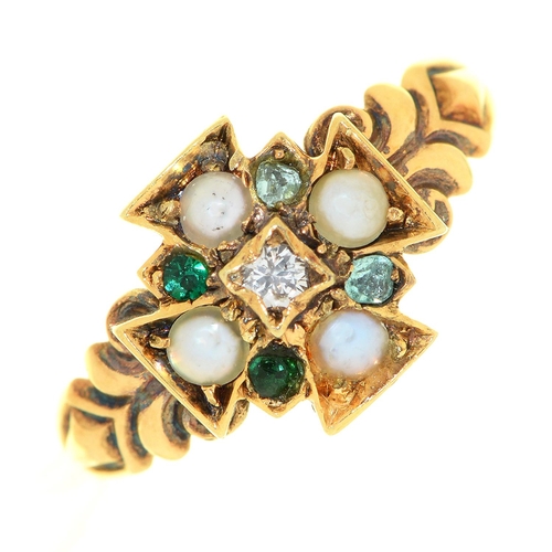 7 - A Victorian diamond, emerald and split pearl Maltese Cross design ring, in 15ct gold, London 1873, 2... 