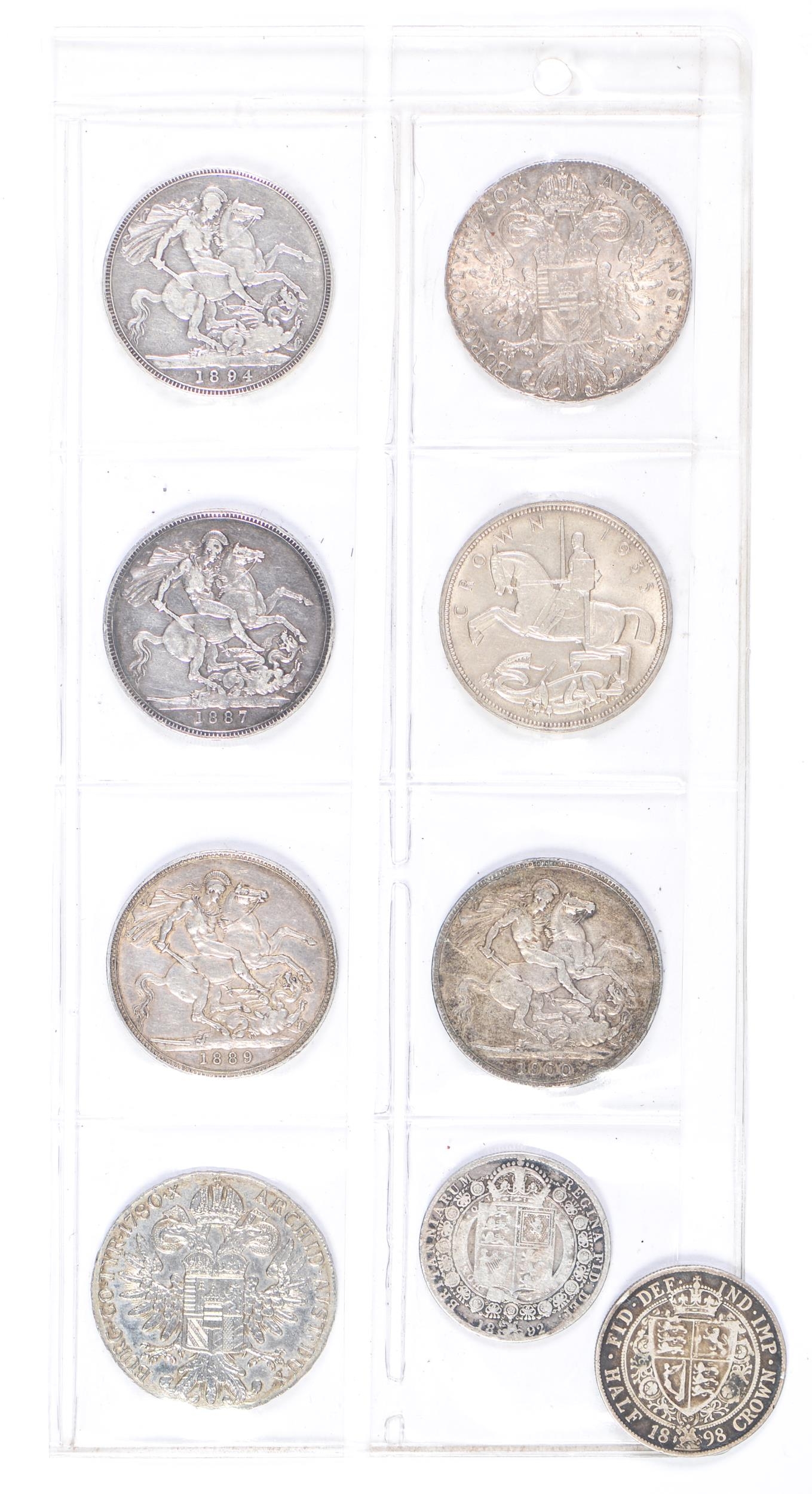 Silver coins. United Kingdom Crown 1887, 1889, 1894, 1900 and 1935 and ...