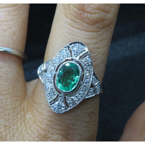 30 - Art Deco platinum emerald and diamond ring diamonds approx 1ct emerald 1.2ct approx weight size P