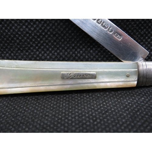 46 - Silver and Mother of Pearl fruit knife engraved Grace Sheffield 1868 - good condition