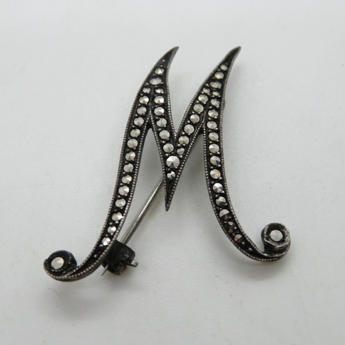 56 - Vintage silver marquisate initial brooch stamped silver 'W'