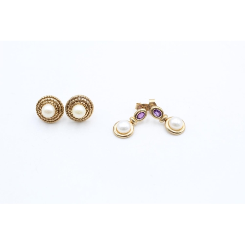 10 - 2 x 9ct gold pearl earrings inc. amethyst, stud (5.6g)