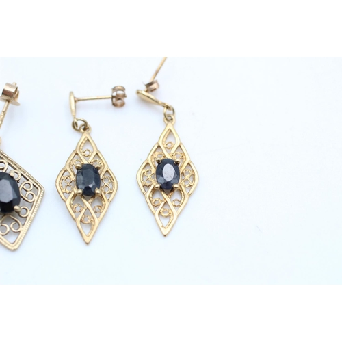 12 - 2 x 9ct gold stone set ornate earrings inc. sapphire, ornate (4.5g)