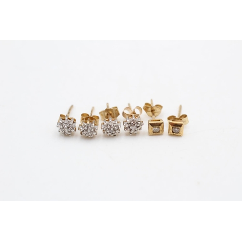 14 - 3 x 9ct gold diamond earrings inc. cluster, studs (1.5g)