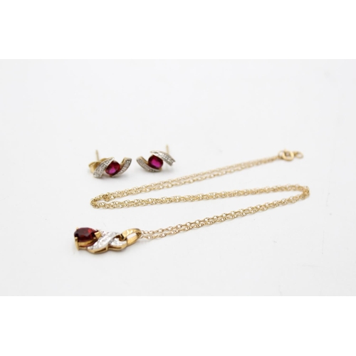 17 - 9ct gold diamond & gemstone pendant necklace & stud earrings set inc. synthetic ruby & garnet (3.2g)
