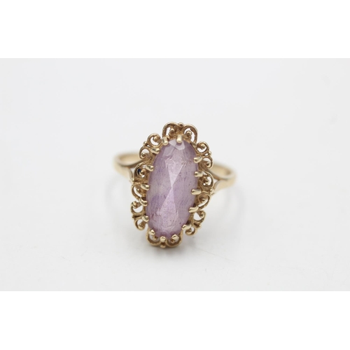 21 - 9ct gold vintage amethyst solitaire openwork ornate cocktail ring (3.3g)