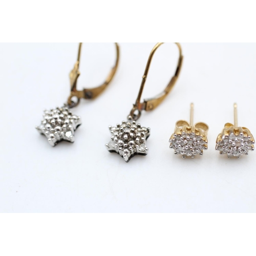 23 - 2 x 9ct gold diamond earrings inc. studs, cluster (2.7g)
