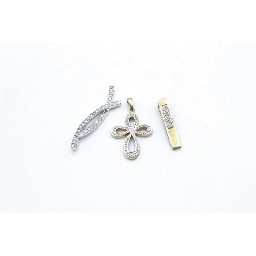 36 - 3 x 9ct gold diamond pendants inc. cross, white gold (3.2g)