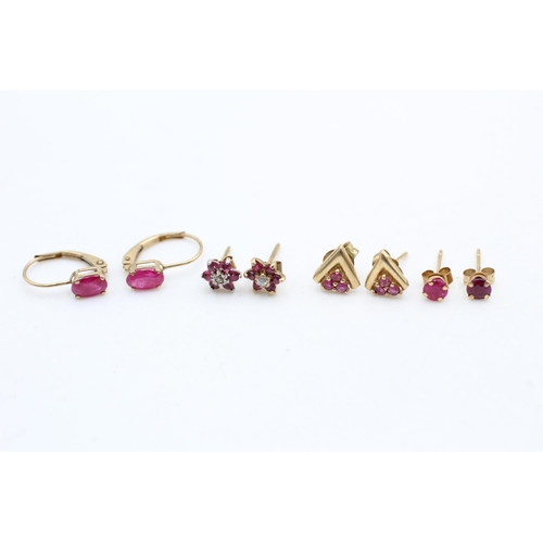 56 - 3 x 9ct gold gemstone earrings inc. diamond, ruby (2.3g)