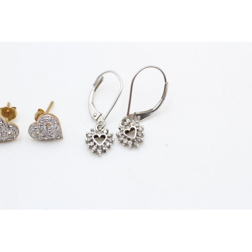 59 - 2 x 9ct gold diamond earrings inc. white gold, heart (2.5g)