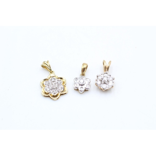 7 - 3 x 9ct gold diamond pendants inc. floral, cluster (2.9g)