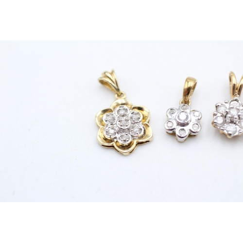 7 - 3 x 9ct gold diamond pendants inc. floral, cluster (2.9g)