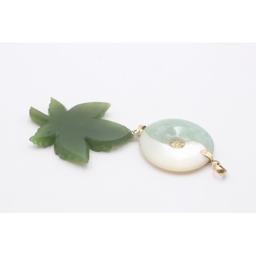 26 - 2 x 14ct gold vintage gemstone pendants inc. jade & mother of pearl Ying yang and jadeite leaf (10g)