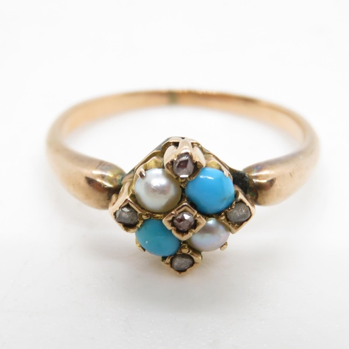 11 - 14ct antique turquoise diamond and pearl ring size L 2.3g