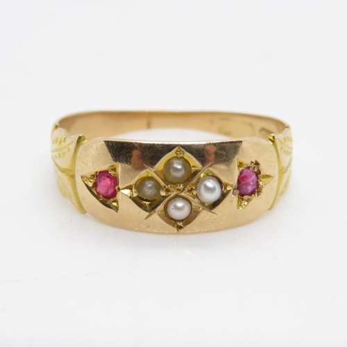 21 - Ruby and pearl 15ct ring vintage style size L 1.9g
