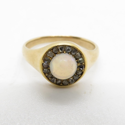 4 - 14ct opal with rose cut diamonds in halo ring 3.9g size N