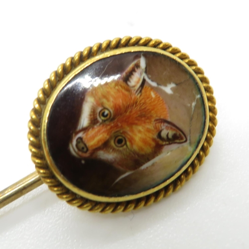 42 - 18ct head antique hand painted enamel pin 3.8g with fox head design