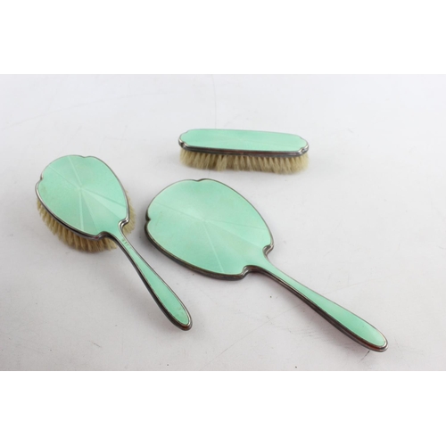 3 x Vintage .925 STERLING SILVER Vanity Brushes & Mirror w Guilloche Enamel 511g