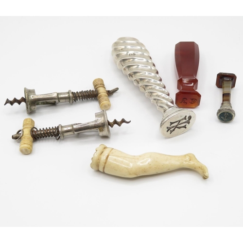 Collection of was stamps and 2x miniature corkscrews