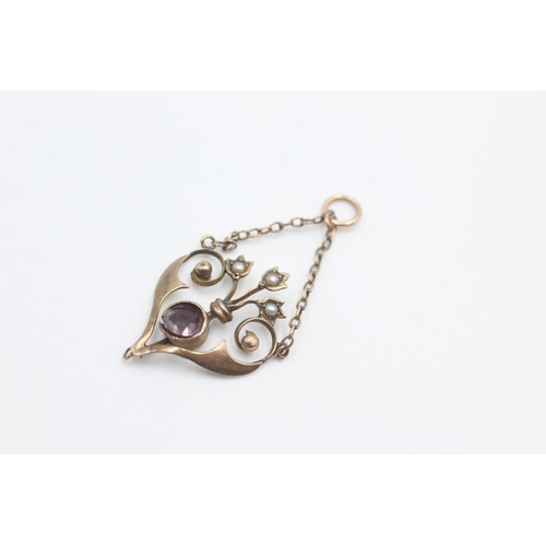 1 - 9ct gold seed pearl & garnet lavalier pendant (1.9g)