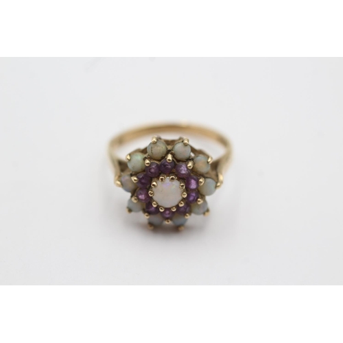31 - 9ct gold opal & amethyst double halo set ring (3.1g) Size N