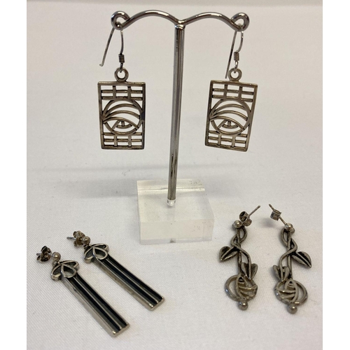 64 - 3 pairs of Rennie Mackintosh style silver drop earrings. All marked silver or 925.