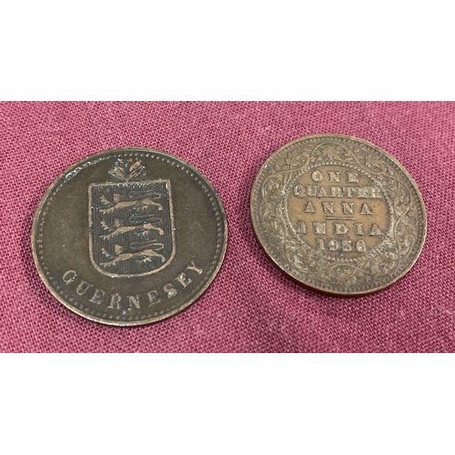 2 - A 1914 Guernsey 4 Doubles coin together with a 1936 George V Indian ¼ Anna.