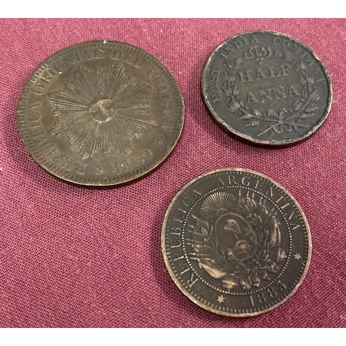 7 - 3 19th century foreign coins.  An 1835 East India company ½ Anna, an 1883 Argentinian Dos centanos a... 