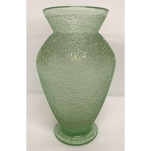17 - A Daum Nancy Art Deco frosted design pale green glass vase. Etched signature to base of vase 