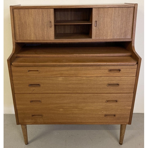 58 - A mid century teak 4 drawer bureau/vanity chest with pull out/lift up mirrored section. Raised on ta... 
