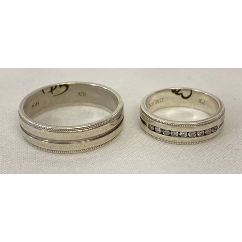 1038 - A matching set of ladies and mens silver wedding rings. Ladies ring set with 9 channel set small rou... 