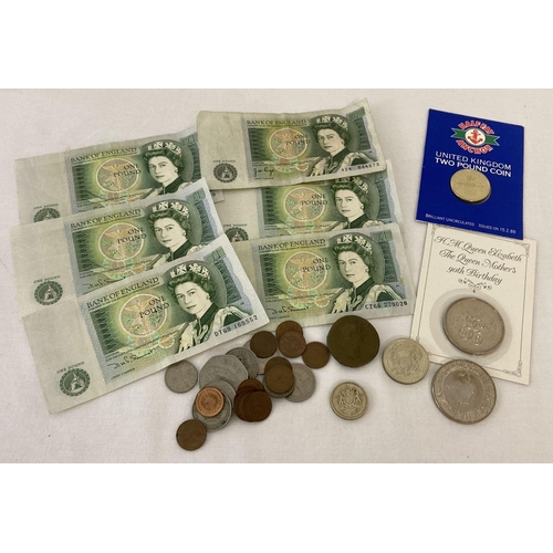 1115 - A collection of British bank notes and coins. To include Coronation Jubilee £5 coin, Uncirculated an... 