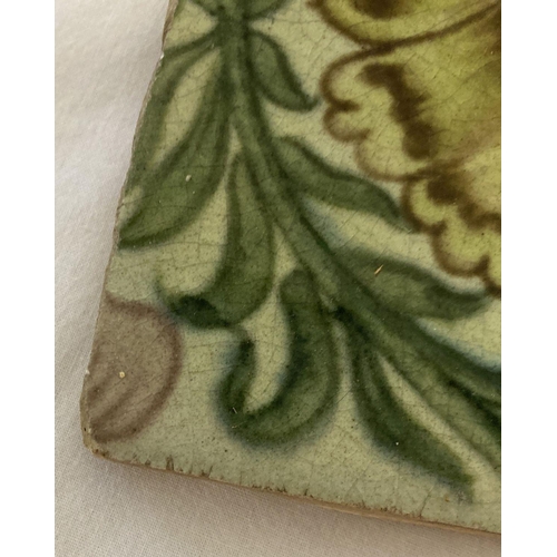 1201 - 20 William De Morgan green and pink glaze floral design tiles in 5 different patterns. Some tiles wi... 