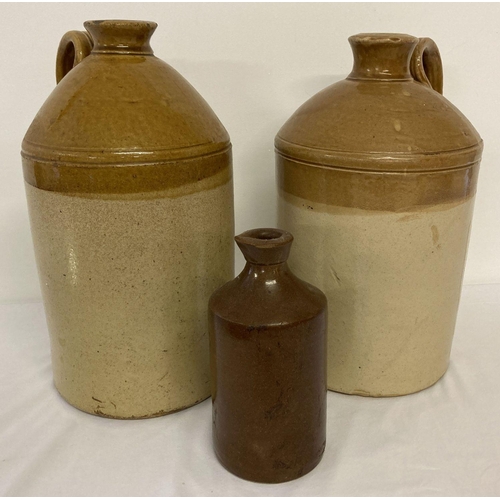 1202 - 2 large vintage stoneware bottles with handles together with a small stone ware bottle with spout.  ... 