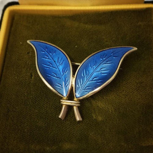 65 - A vintage David Andersen silver and blue guilloche enamel double leaf brooch.  Reverse of brooch mar... 