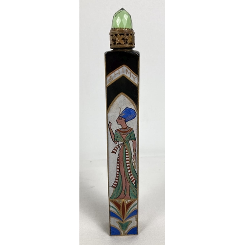 1265 - A vintage 1920's brass painted Shimy perfume bottle with Egyptian decoration and pierced vine work b... 