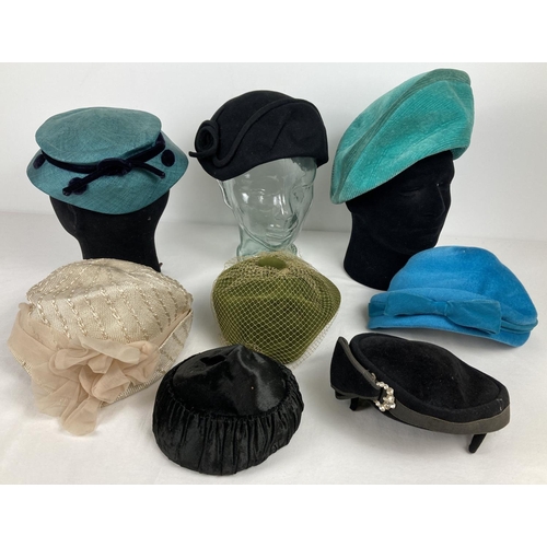 8 assorted vintage hats in black and green colours. To include: Marshall & Snelgrove; Miss Sally Victor, New York and Jayne Claire for Schiller's.