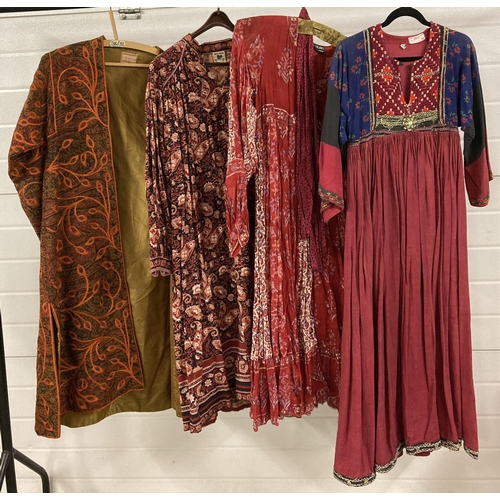 156 - 4 items of vintage Bohemian clothing. 3 long sleeved dresses and an embroidered open fronted coat. T... 