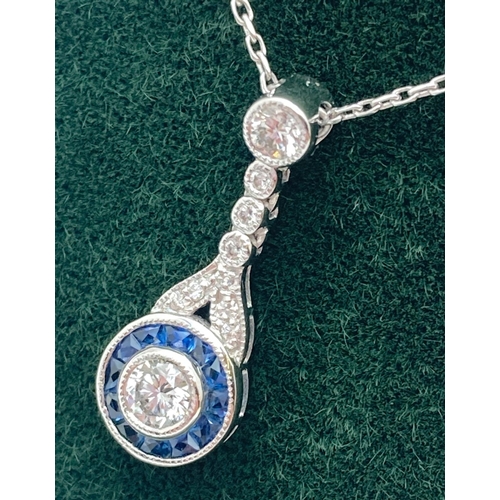 1003 - An Art Deco style 18k white gold diamond and sapphire set necklace. Very fine belcher chain with fix... 