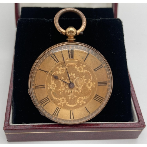 A ladies Victorian 18ct gold pocket watch with floral engraved decoration to both centre of watch face and reverse of case. Engine turned detail to edges of case. Inside of case marked "18K D&D S Myers 48 Newington Castleway London". Fob top also marked 18K. Vendor advises was running until recently. Total weight approx. 31.8g.