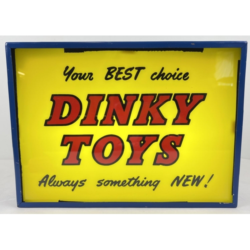 A vintage glass fronted Dinky Toys illuminated shop display sign. Sign reads " Your Best Choice Dinky Toys Always Something new". Approx. 25.5 x 35 x 8cm.